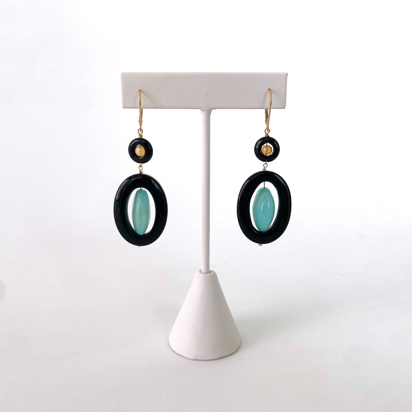 Black Onyx, Fire Opal & Chalcedony Earrings with solid 14k Lever Backs