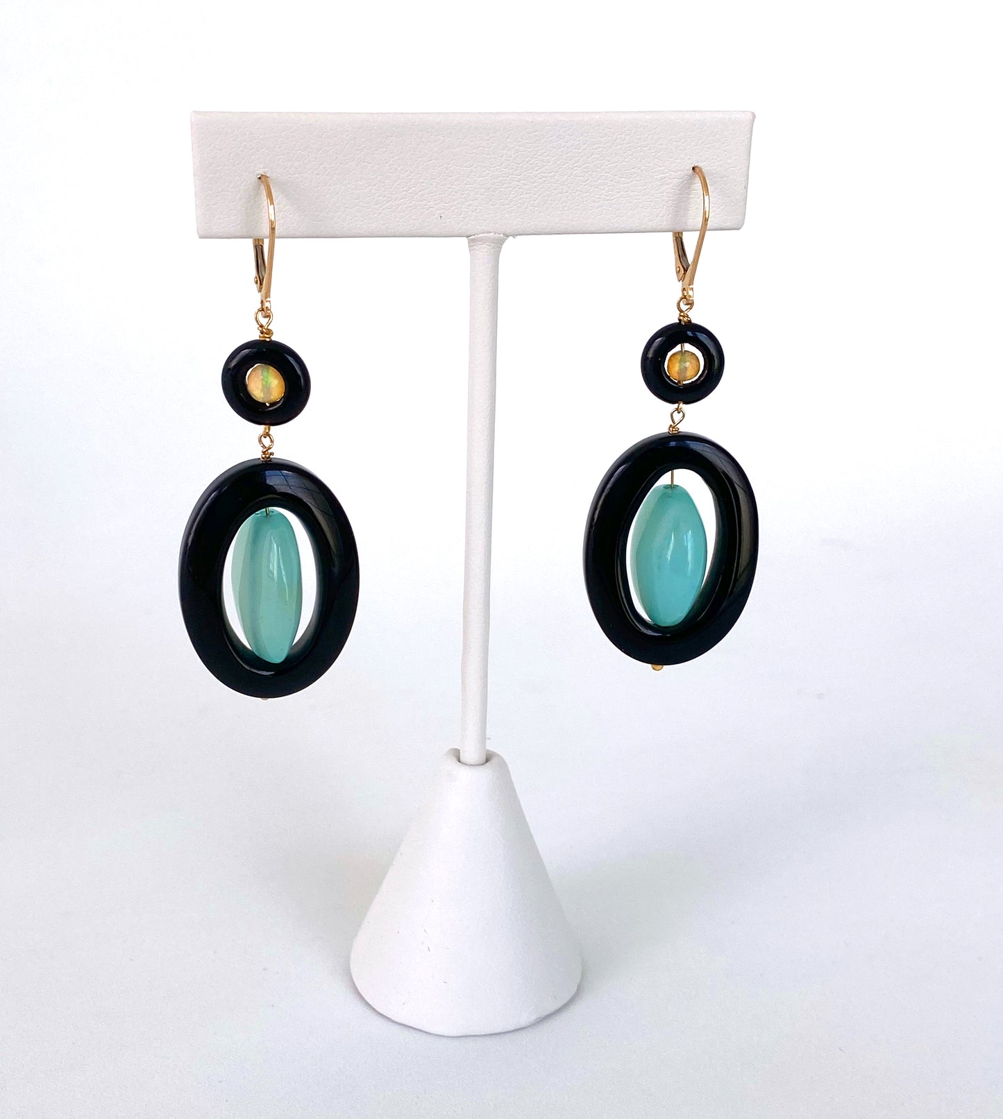 Black Onyx, Fire Opal & Chalcedony Earrings with solid 14k Lever Backs