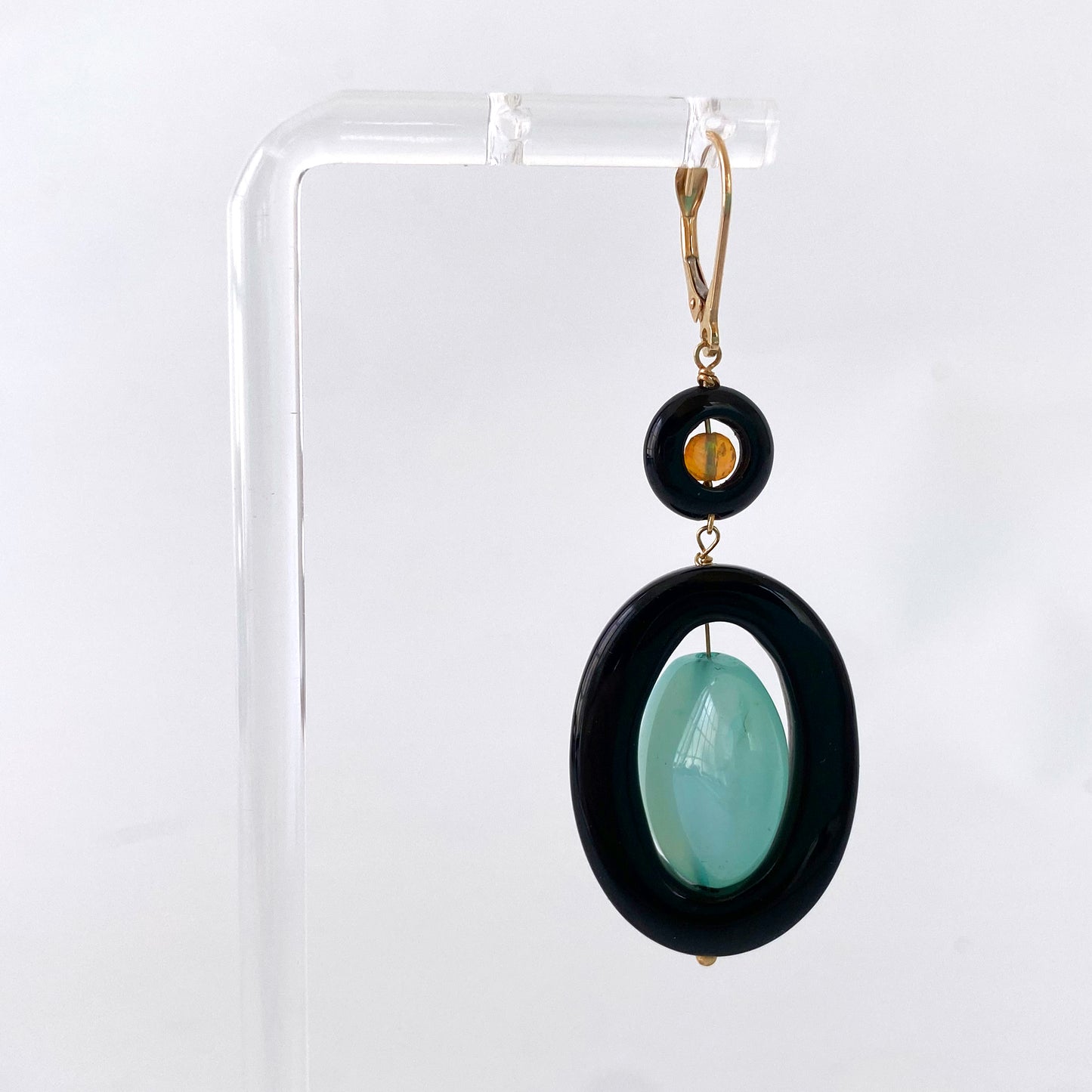 Black Onyx, Fire Opal & Chalcedony Earrings with solid 14k Lever Backs