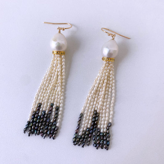 Black & White Rice Pearl Tassel Earrings with Diamonds & Gold