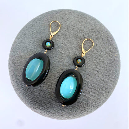 Black Onyx, Fire Opal & Chalcedony Earrings with solid 14k Lever Backs