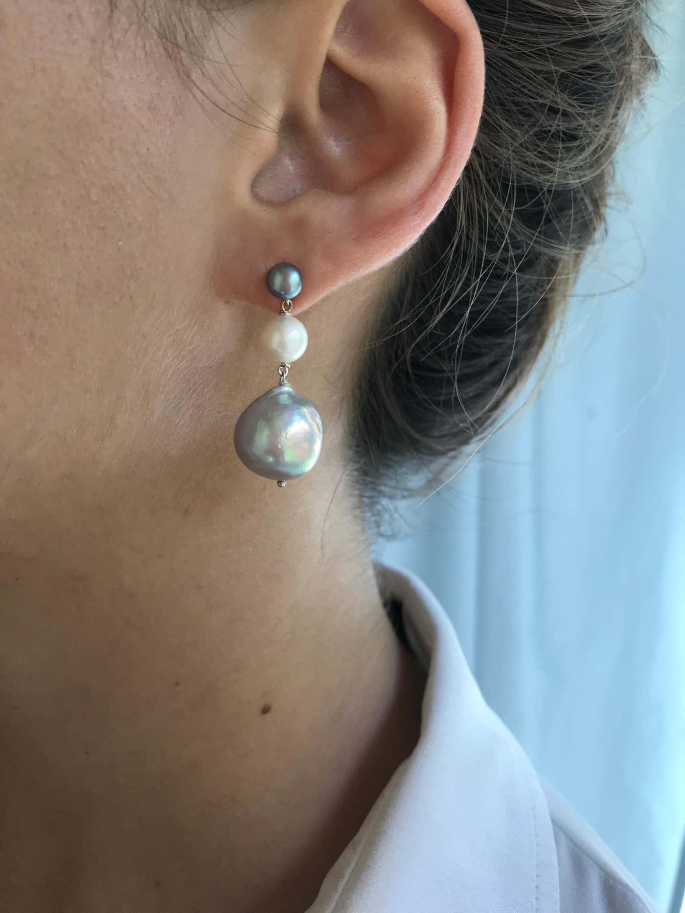 Ombre Grey & White Pearl Earrings with solid 14k White Gold
