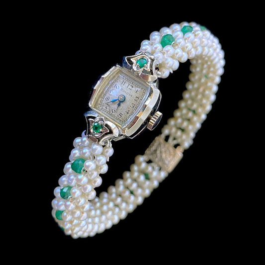 Emerald Encrusted Vintage Watch with Pearls and 14k White Gold