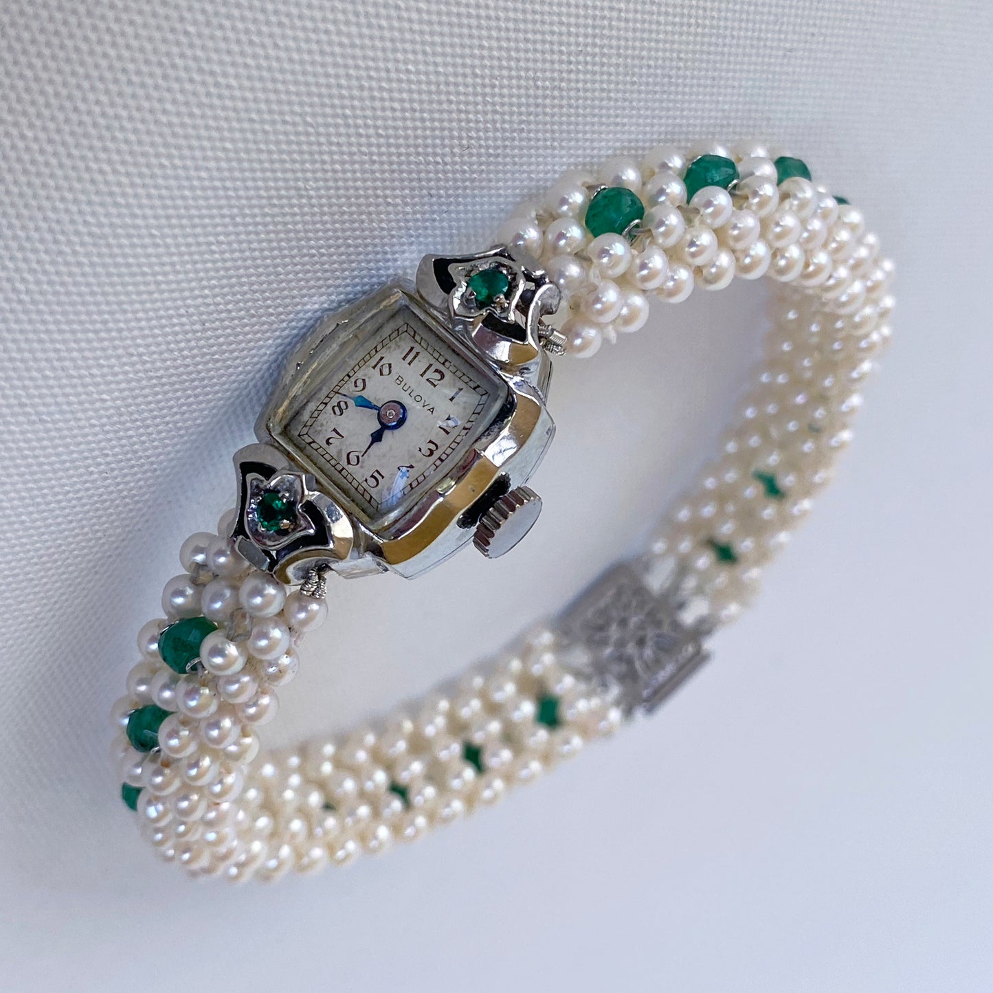 Emerald Encrusted Vintage Watch with Pearls and 14k White Gold