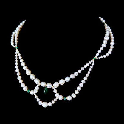 Graduated & Draped Pearl & Emerald Necklace with 14K Yellow Gold