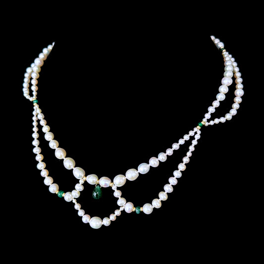 Graduated & Draped Pearl & Emerald Necklace with 14K Yellow Gold