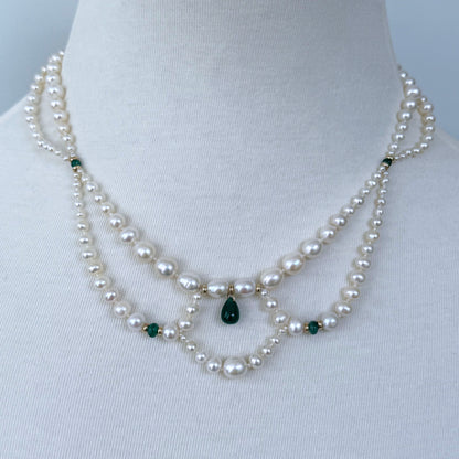 Graduated & Draped Pearl & Emerald Necklace with 14K Yellow Gold