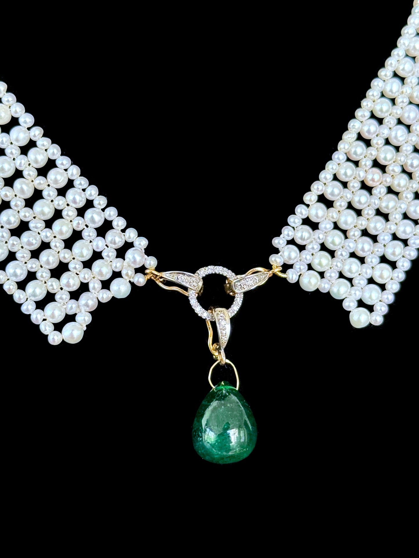 Pearl Woven Collar Necklace with Diamonds, Solid 14k Yellow Gold & Emerald