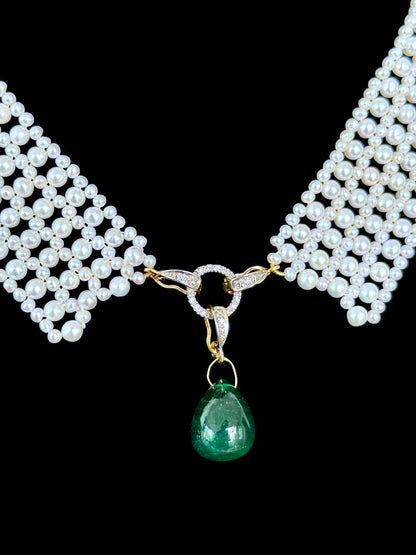 Pearl Woven Collar Necklace with Diamonds, Solid 14k Yellow Gold & Emerald