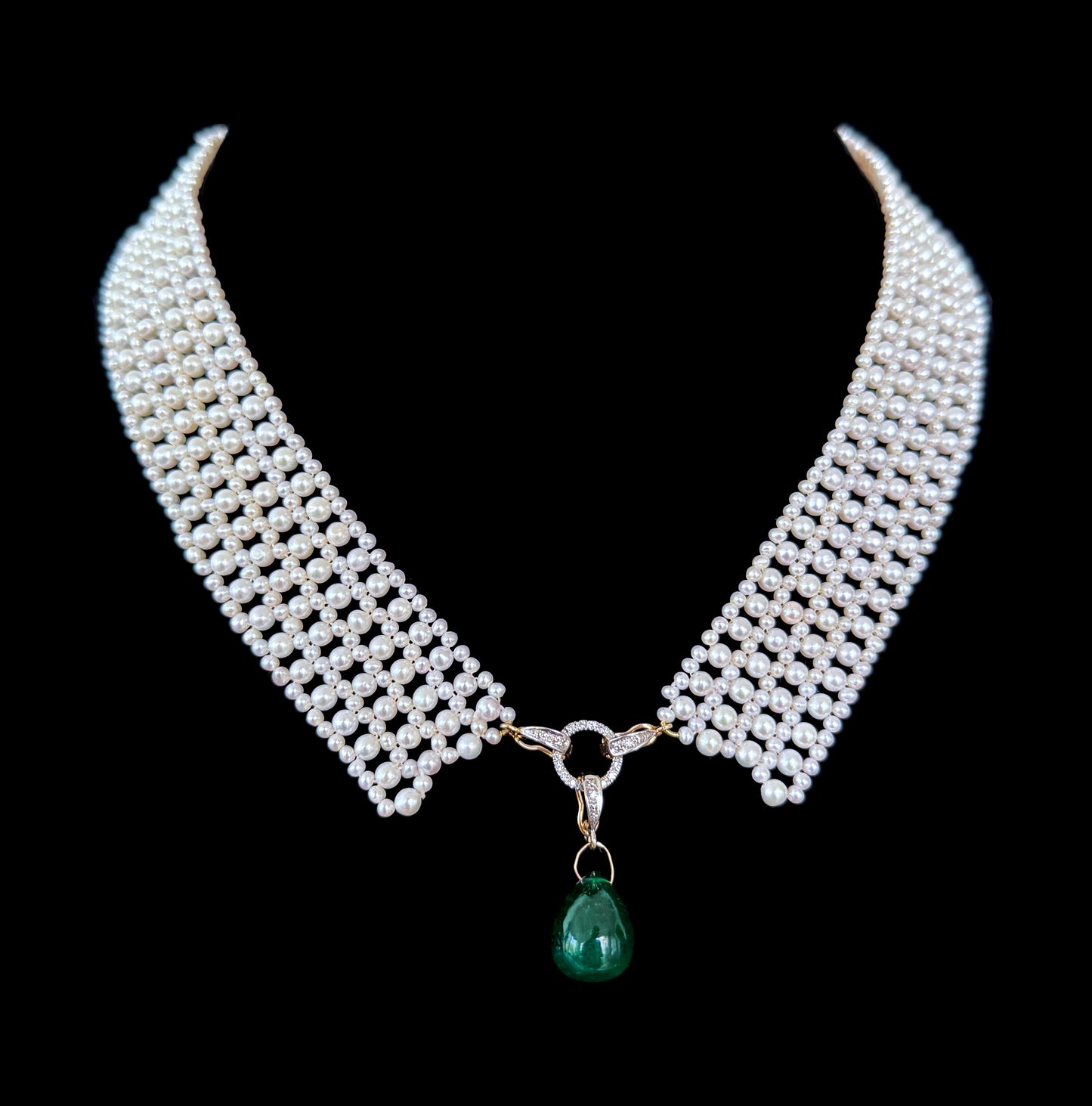 Pearl Woven Collar Necklace with Diamonds, Solid 14k Yellow Gold & Emerald