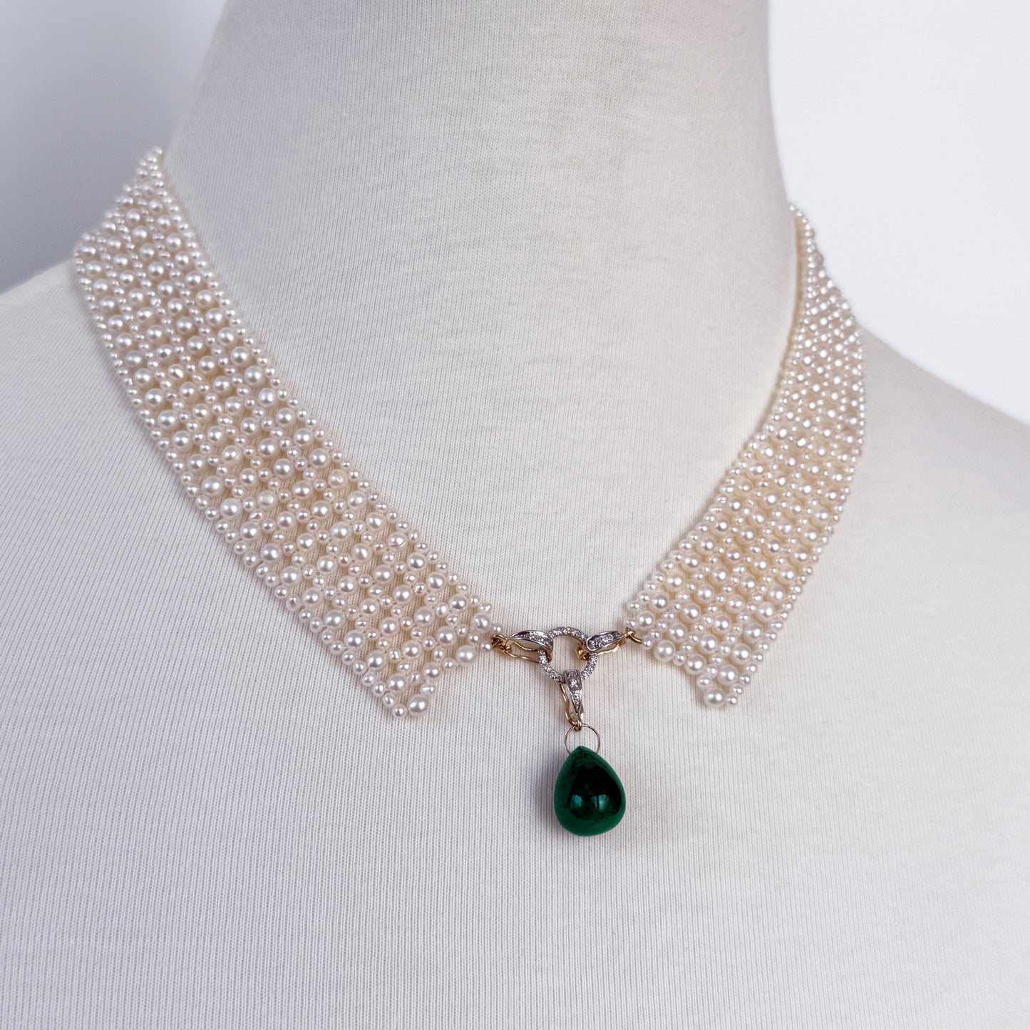 Pearl Woven Collar Necklace with Diamonds, Solid 14k Yellow Gold & Emerald