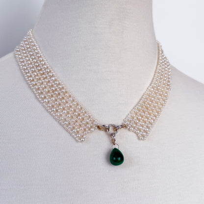 Pearl Woven Collar Necklace with Diamonds, Solid 14k Yellow Gold & Emerald