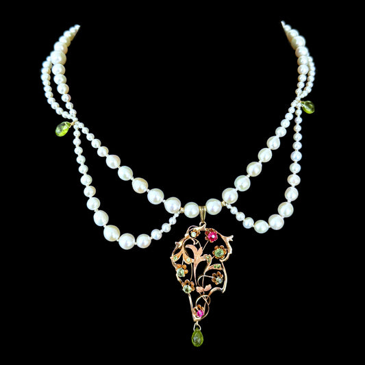 Gold & Semi Precious Centerpiece Pearl Draped Necklace