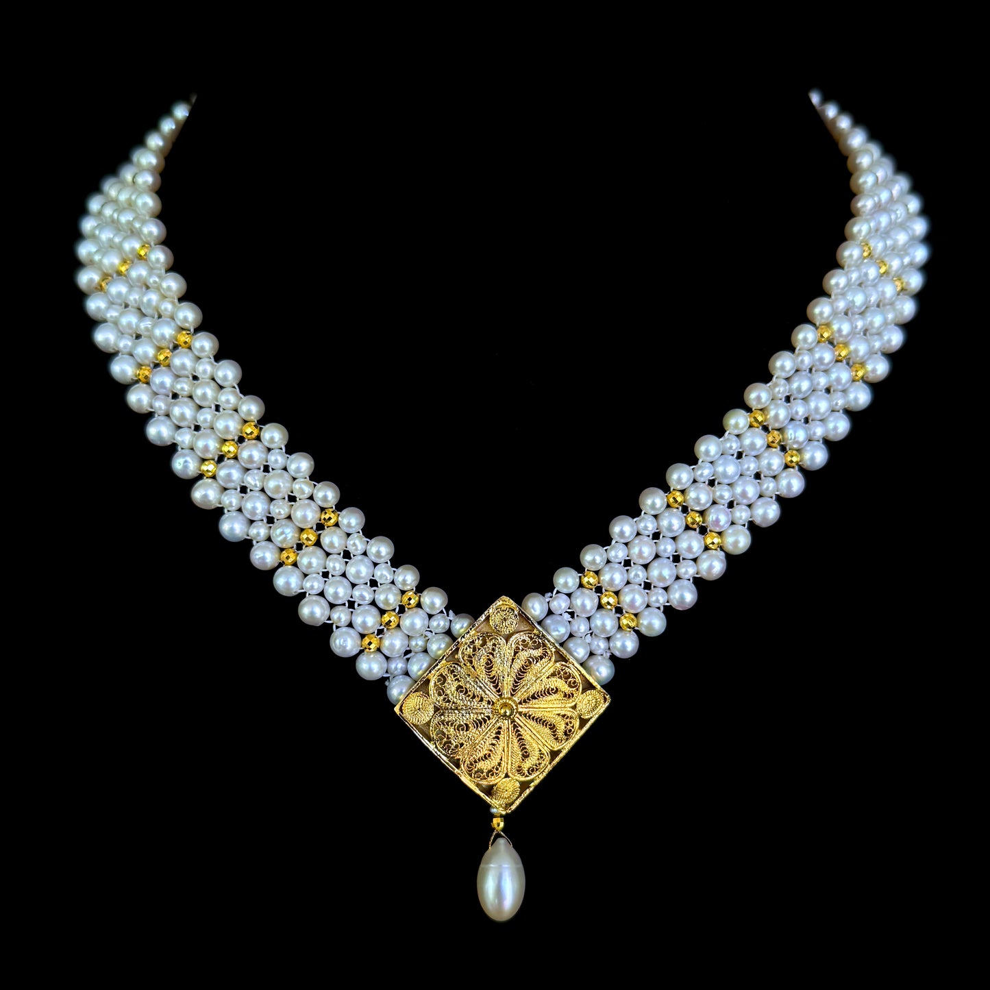 One of A Kind Adjustable Pearl Necklace with Vintage 18k Centerpiece
