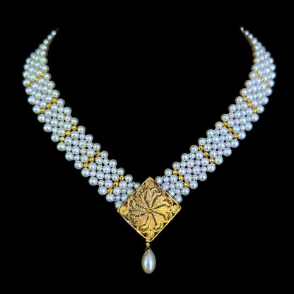 One of A Kind Adjustable Pearl Necklace with Vintage 18k Centerpiece