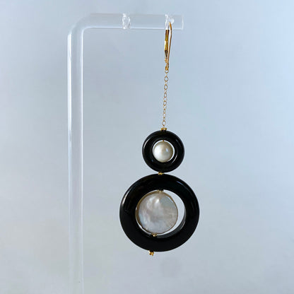 Two Tier Pearl, Black Onyx and Solid 14k Yellow Gold Earrings