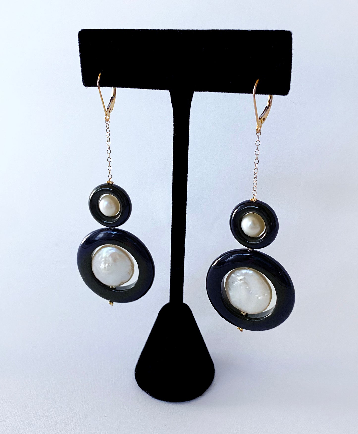 Two Tier Pearl, Black Onyx and Solid 14k Yellow Gold Earrings