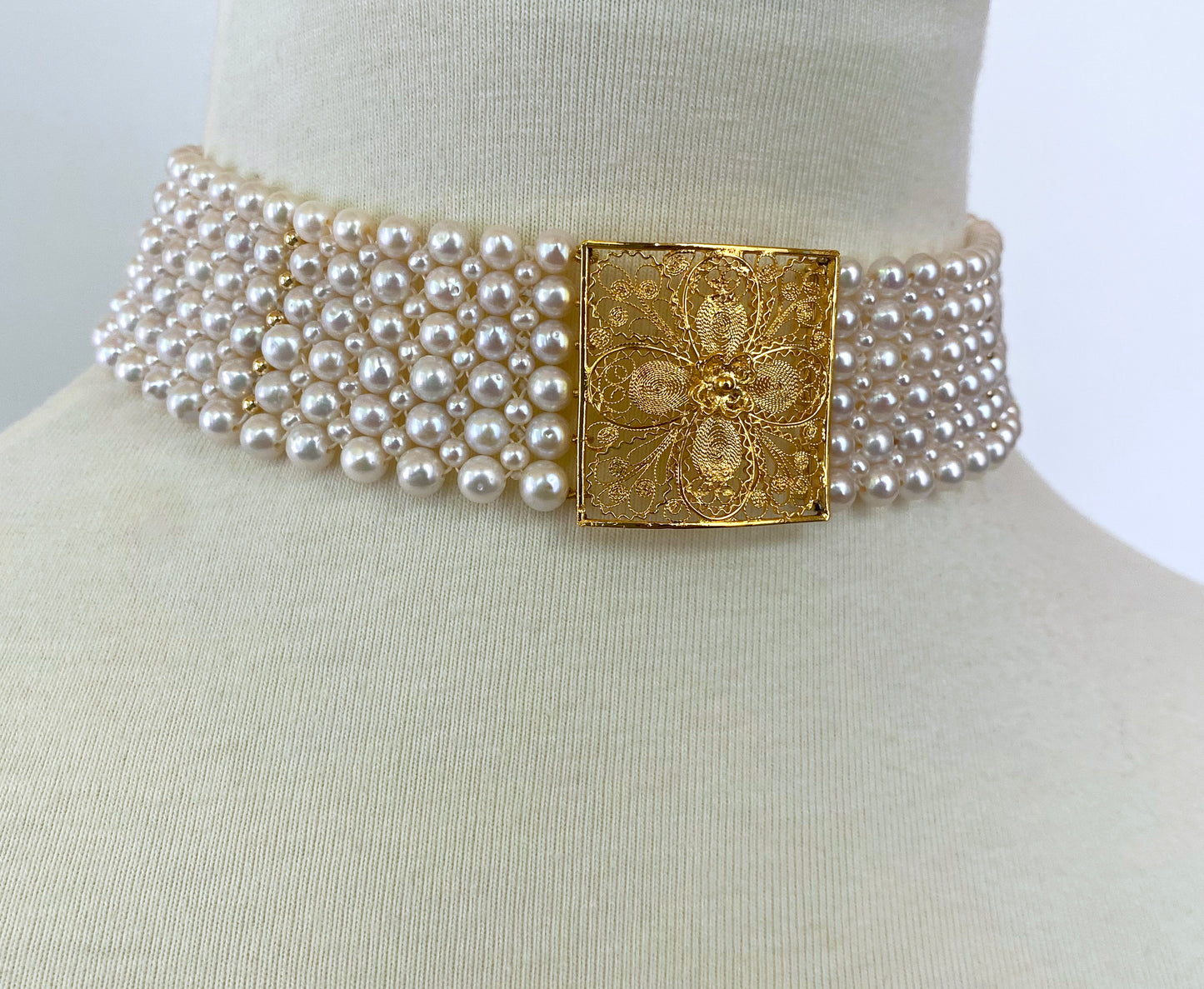 Pearl Woven Choker with 18k Yellow Gold Floral Centerpiece and Findings