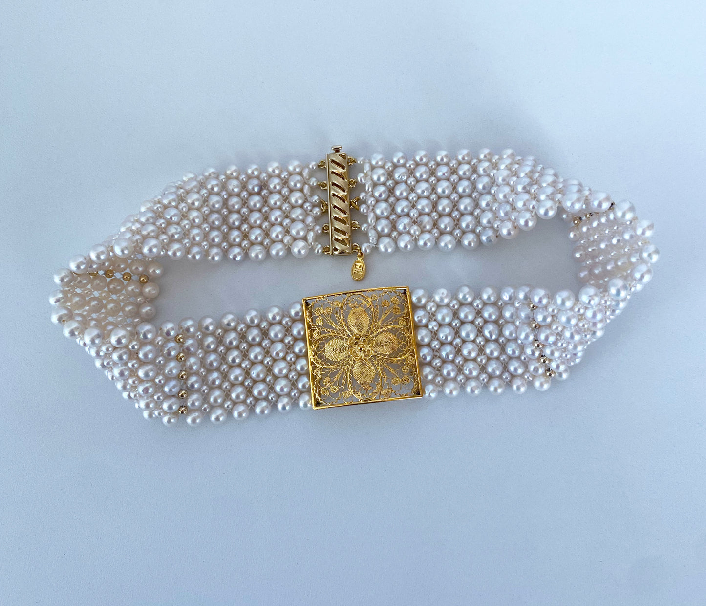 Pearl Woven Choker with 18k Yellow Gold Floral Centerpiece and Findings