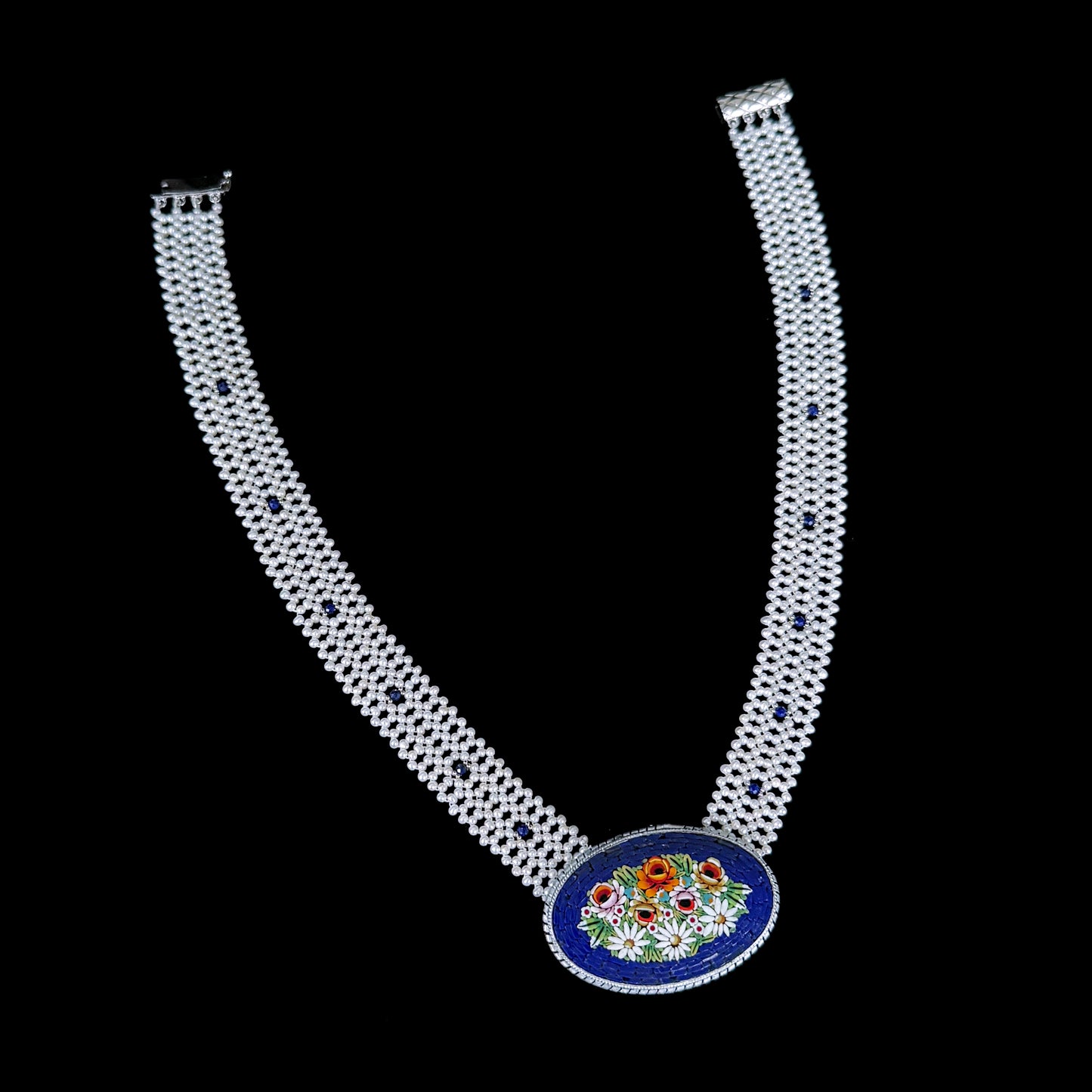 Pearl & Lapis Woven Floral Mosaic Necklace