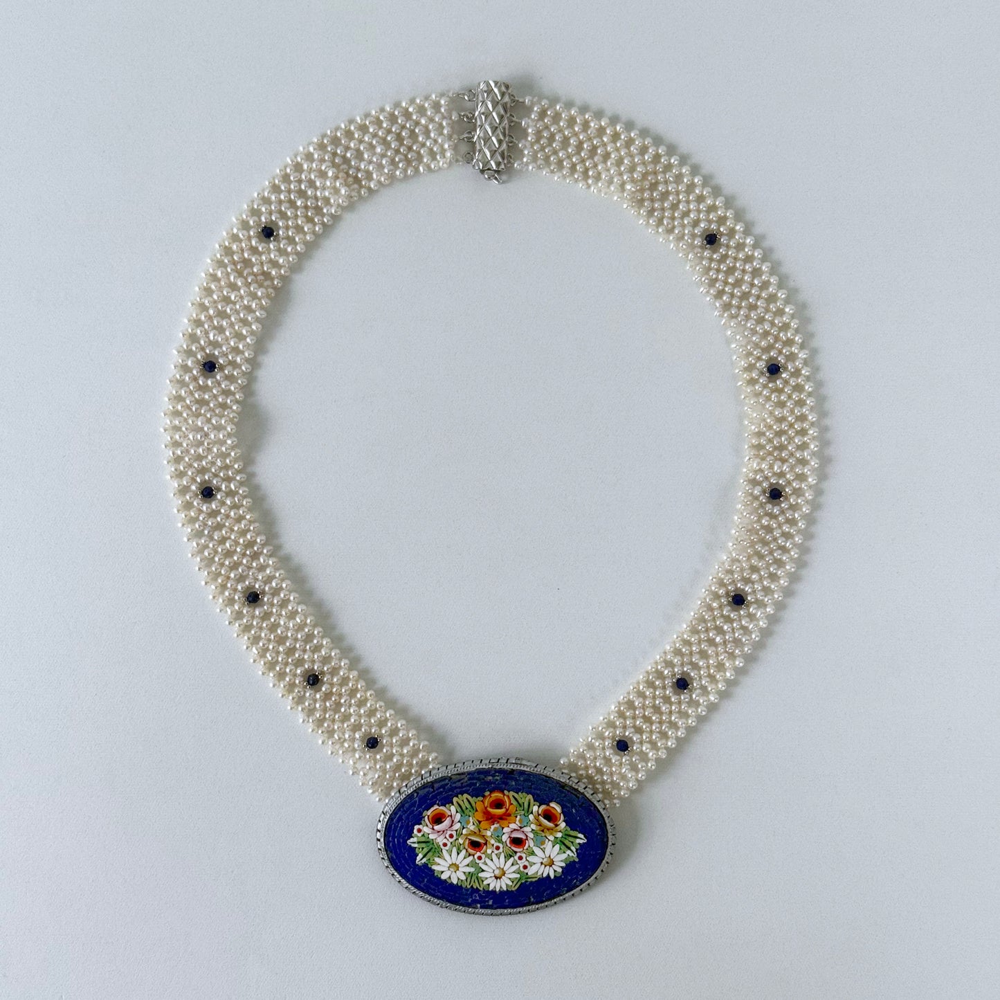 Pearl & Lapis Woven Floral Mosaic Necklace