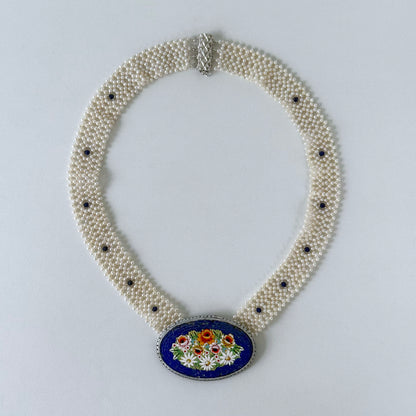 Pearl & Lapis Woven Floral Mosaic Necklace