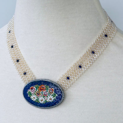 Pearl & Lapis Woven Floral Mosaic Necklace