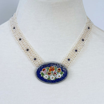 Pearl & Lapis Woven Floral Mosaic Necklace