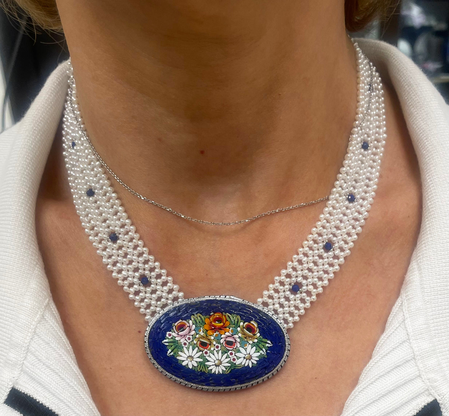 Pearl & Lapis Woven Floral Mosaic Necklace