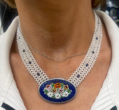 Pearl & Lapis Woven Floral Mosaic Necklace