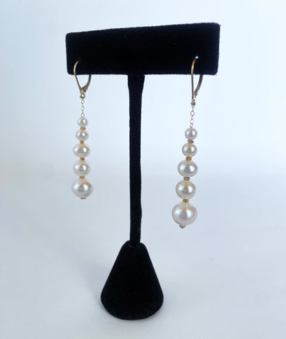 Solid 14k Yellow Gold Graduated Pearl Dangle Earrings