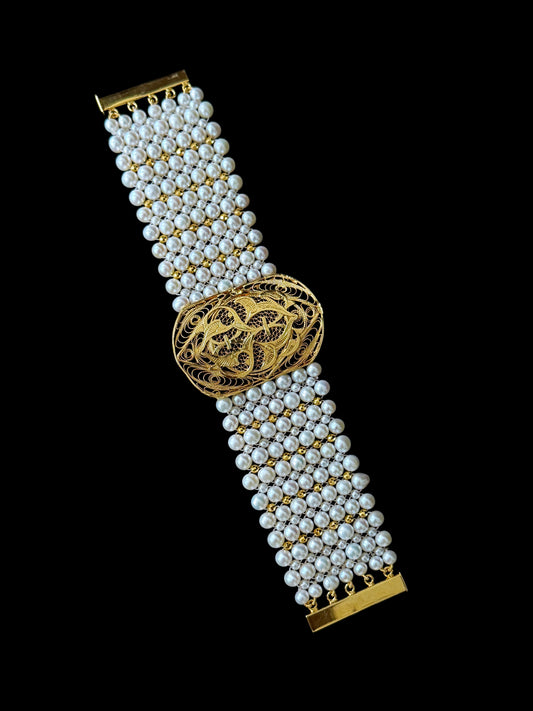 One Of A Kind Pearl Woven Bracelet with Vintage 18k Gold Plated Centerpiece