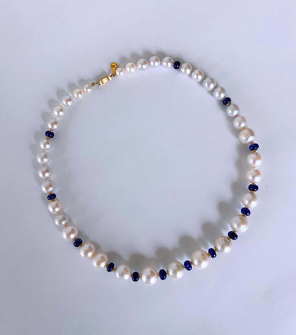 Blue Sapphire, Pearl & Solid 14k Yellow Gold Necklace