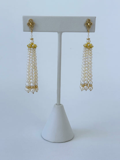 Floral Studded Pearl Graduated Tassel Earrings with 14k Yellow Gold