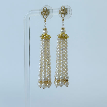 Floral Studded Pearl Graduated Tassel Earrings with 14k Yellow Gold