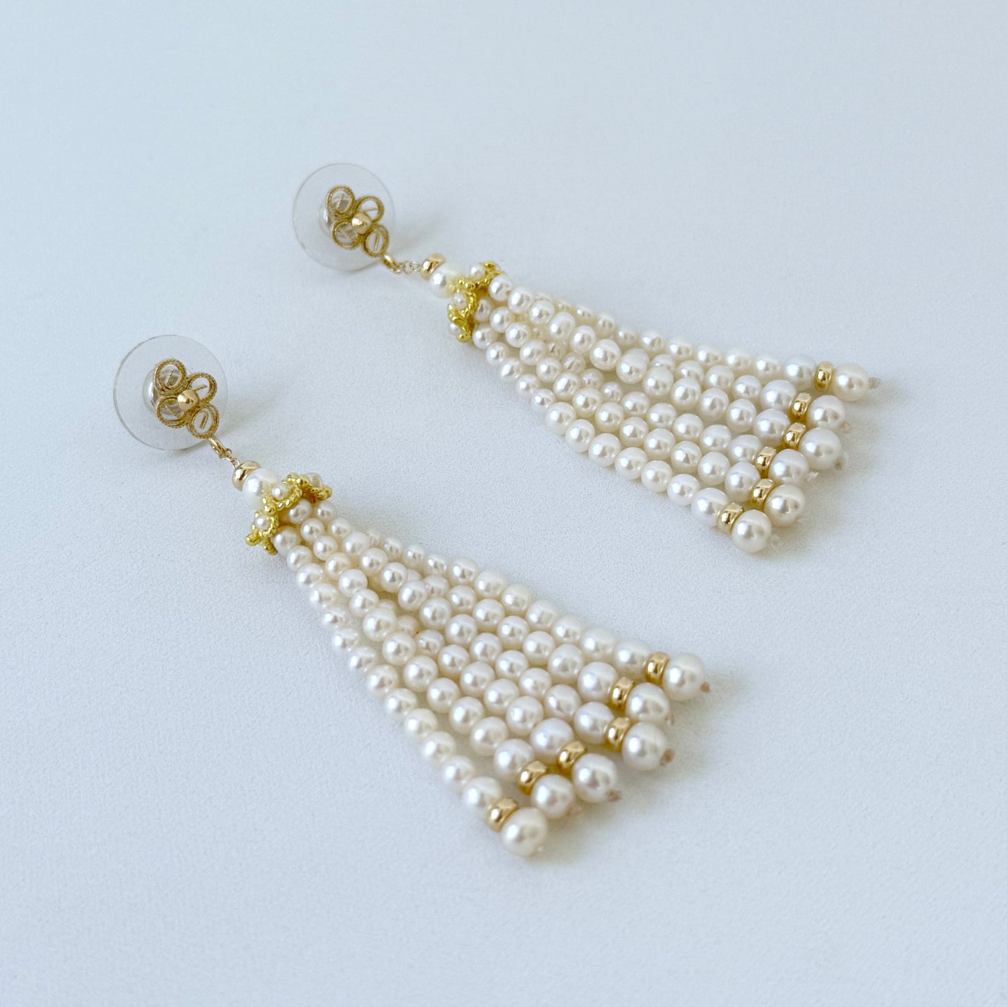 Floral Studded Pearl Graduated Tassel Earrings with 14k Yellow Gold