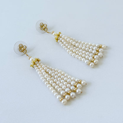 Floral Studded Pearl Graduated Tassel Earrings with 14k Yellow Gold