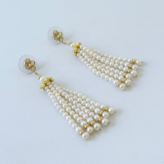 Floral Studded Pearl Graduated Tassel Earrings with 14k Yellow Gold