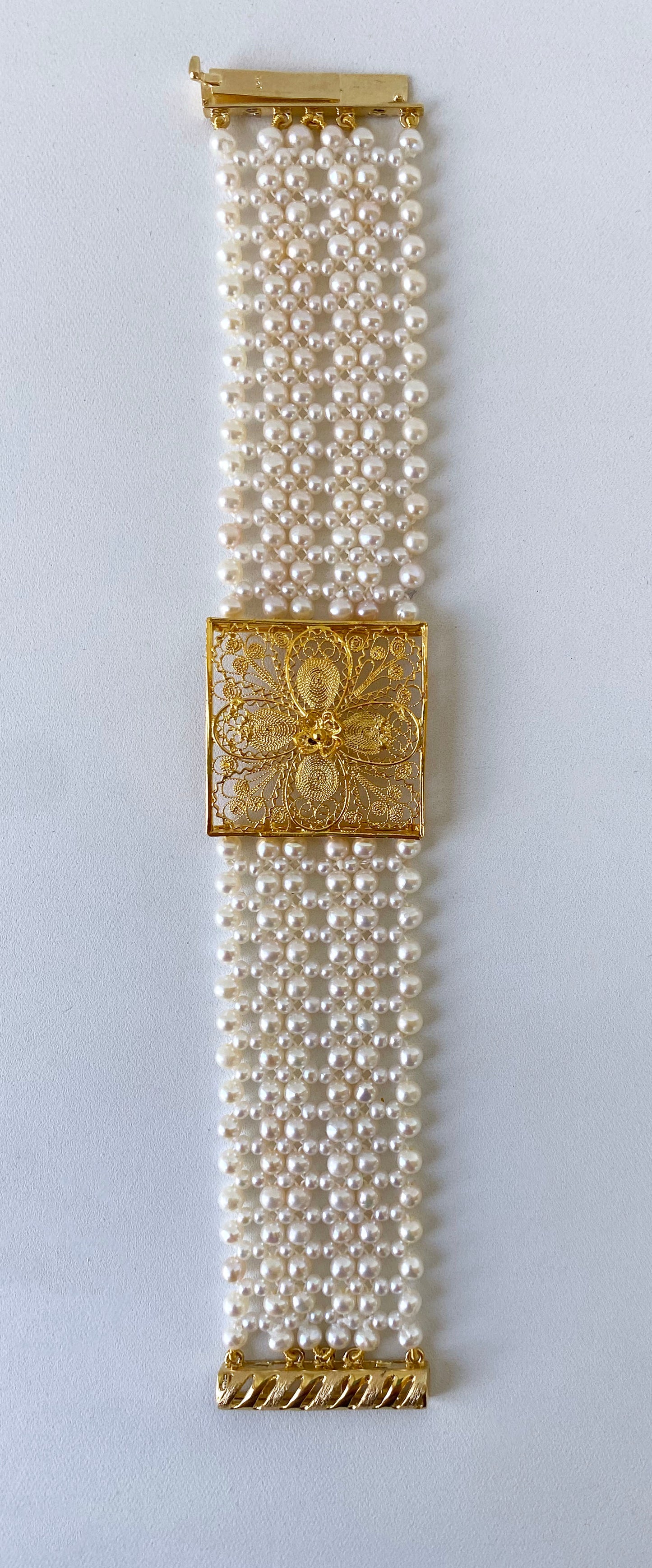 Woven Pearl Bracelet with 18k Yellow Gold Floral Centerpiece & Clasp