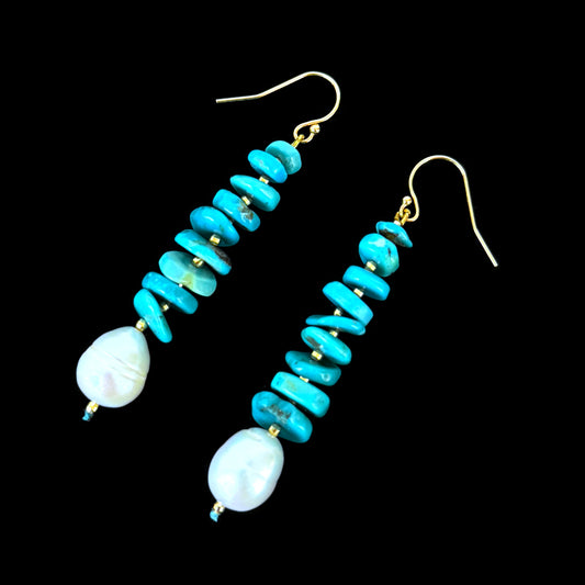 Pearl, Turquoise & Solid 14k Yellow Gold Dangle Earrings