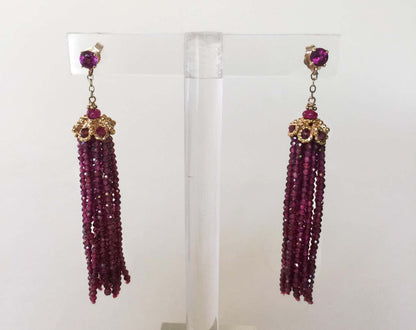 Faceted Amethyst Stud Tassel Dangle Earrings and 14K Yellow Gold