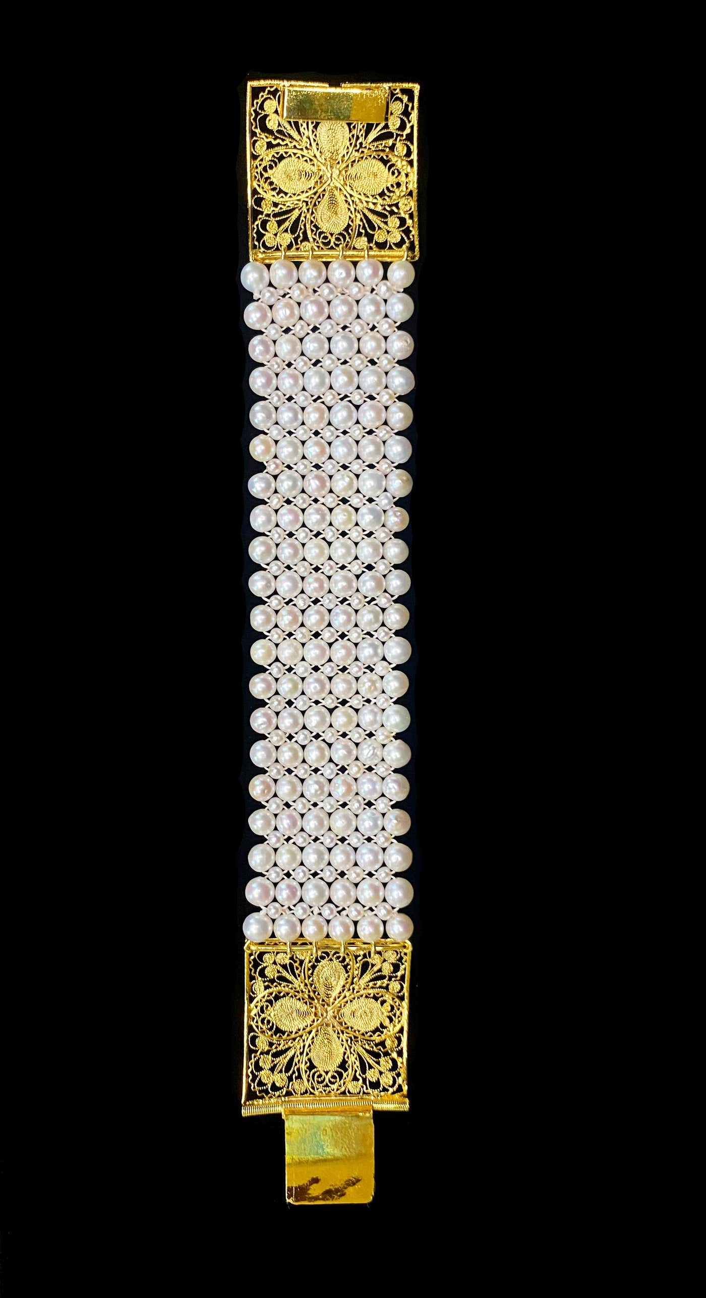 Woven Pearl Bracelet with 18k Yellow Gold Plated Floral Clasp