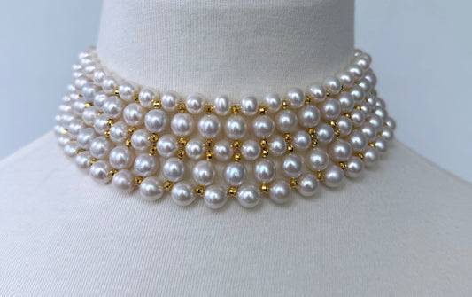 Pearl Woven Choker with 18k Yellow Gold Plated Faceted Beads