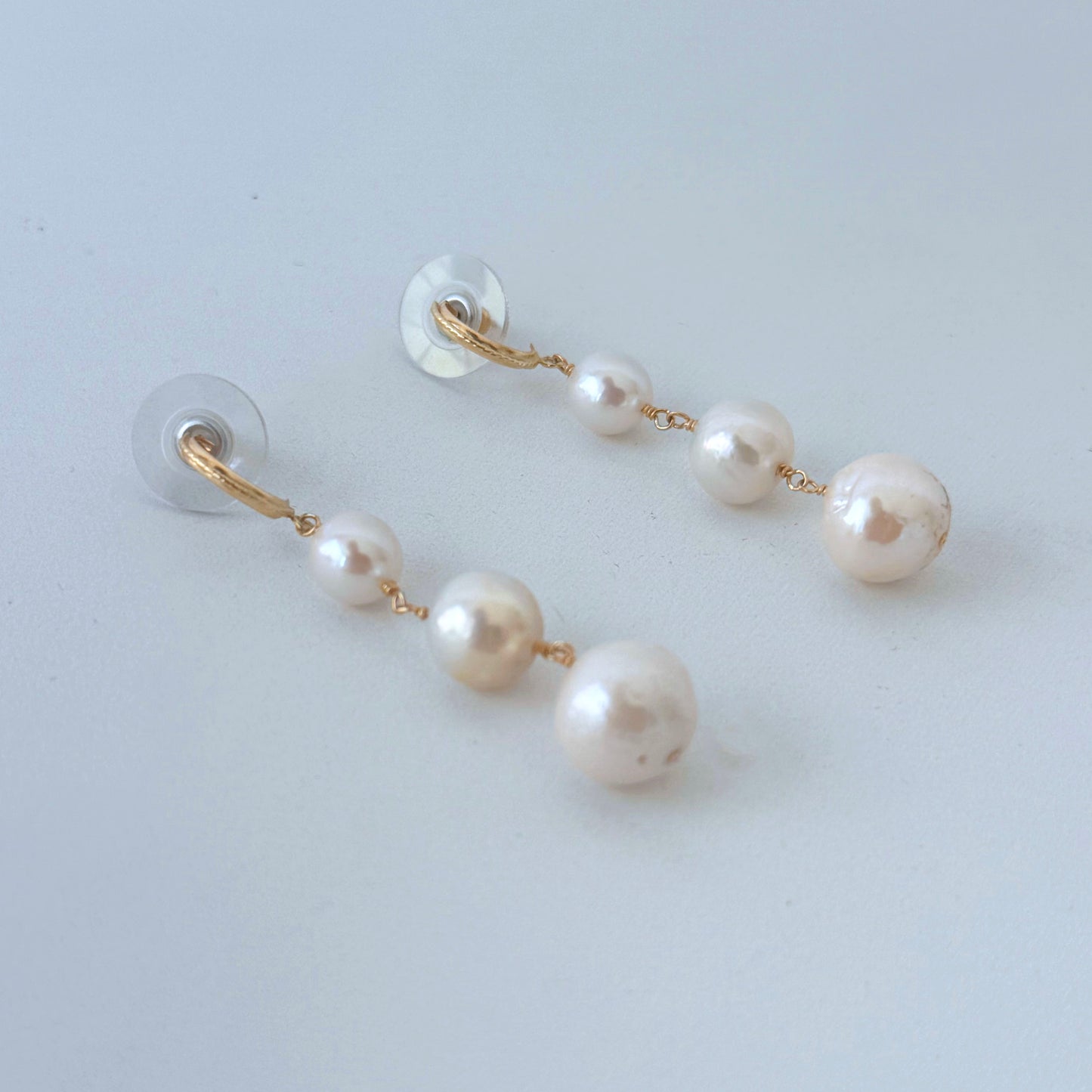 3 Tier Pearl Dangle Earrings with Solid 14k Yellow Gold