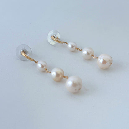 3 Tier Pearl Dangle Earrings with Solid 14k Yellow Gold