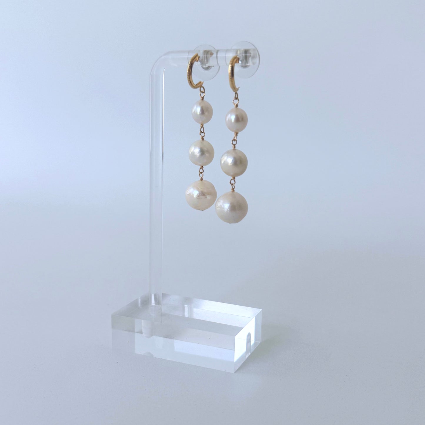 3 Tier Pearl Dangle Earrings with Solid 14k Yellow Gold