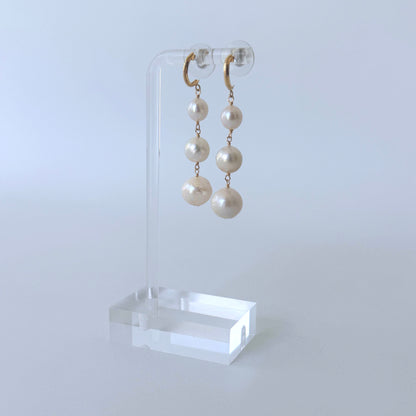 3 Tier Pearl Dangle Earrings with Solid 14k Yellow Gold