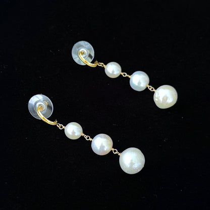 3 Tier Pearl Dangle Earrings with Solid 14k Yellow Gold