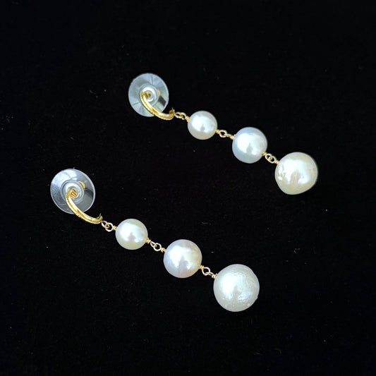 3 Tier Pearl Dangle Earrings with Solid 14k Yellow Gold