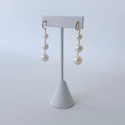 3 Tier Pearl Dangle Earrings with Solid 14k Yellow Gold